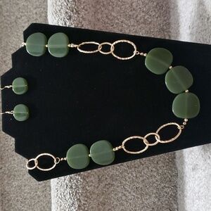 Green and gold long chain necklace and earring set